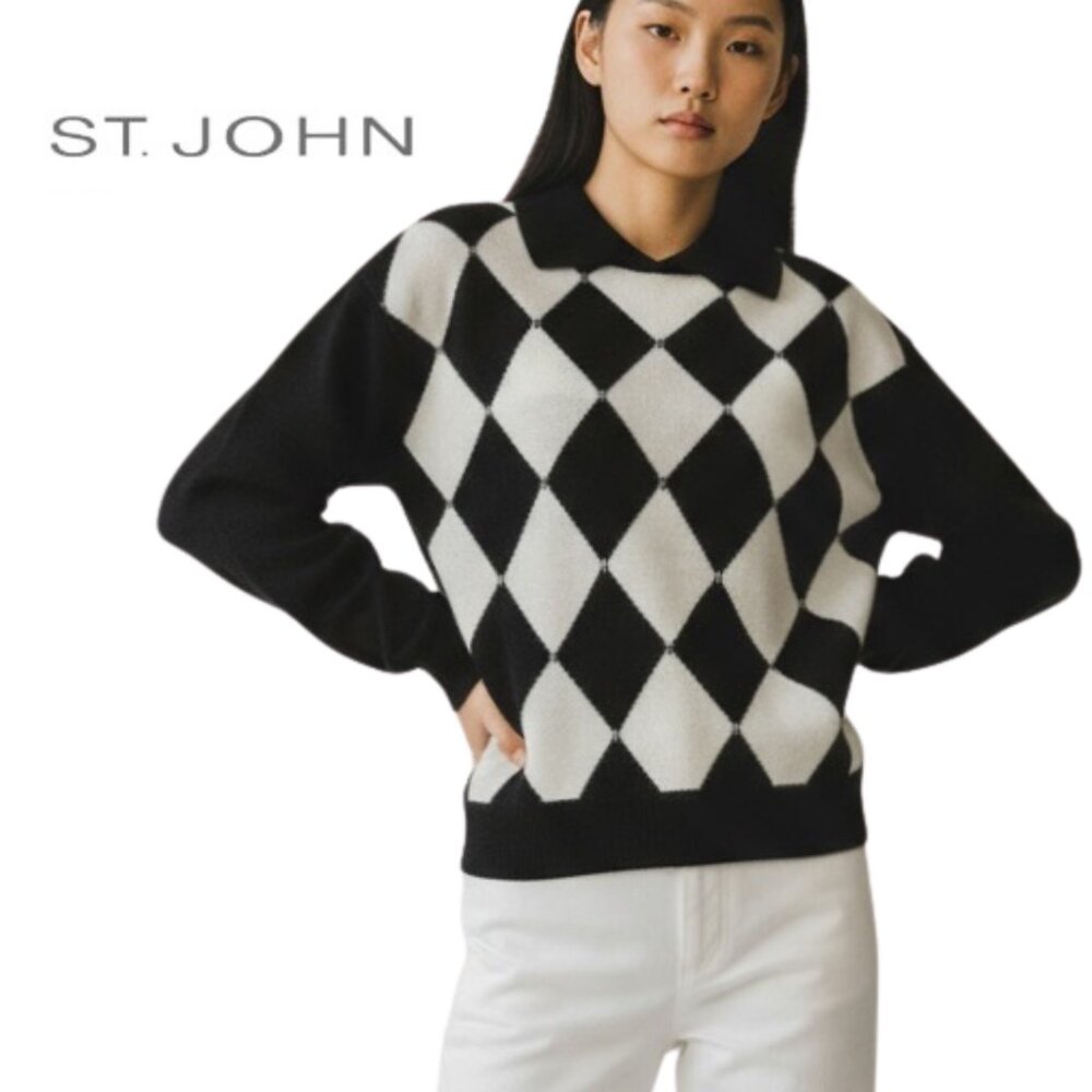 ST. JOHN Argyle Black White Diamond Collared Sweater Top - Size P - Picture 15 of 15